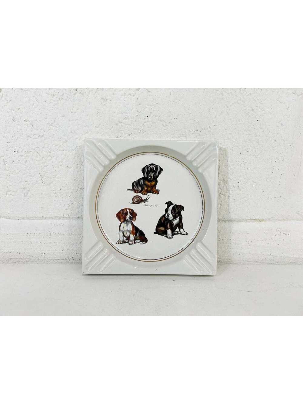 Dog Ashtray Signed Edwin Megargee Dachshund Beagle Bulldog Dish Gift 1950s